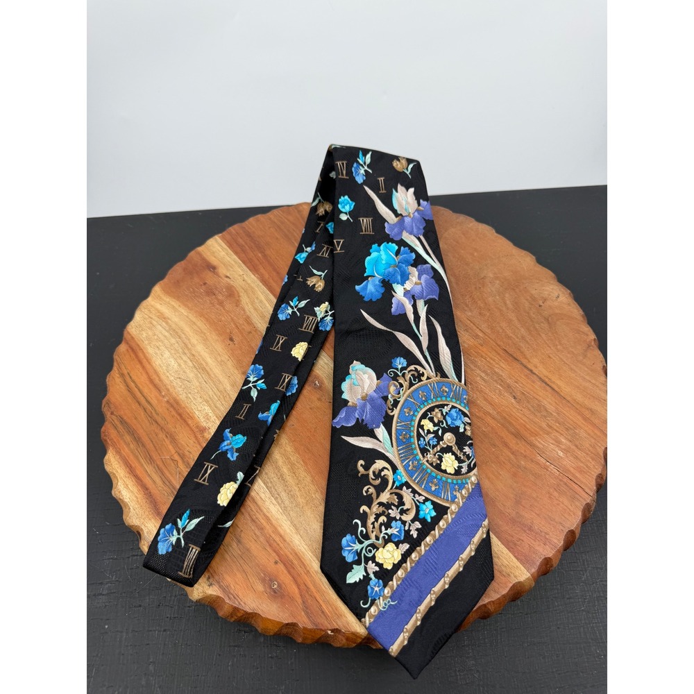 Leonard Paris Clock Floral Silk Tie Mens 58" Black Blue Roman Numeral Italy